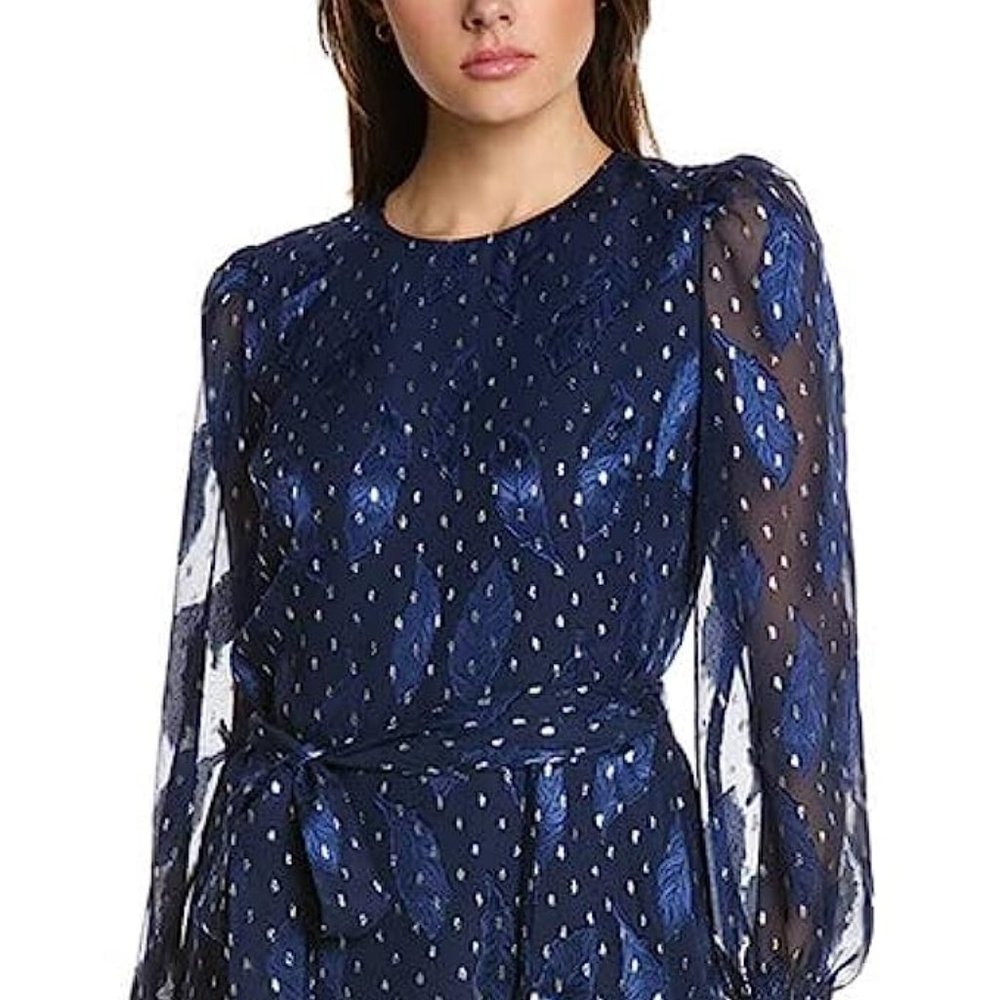 Anne Klein Women's Smocked Midi Dress Long Puff Sleeve Tie Waist Navy Foil Dress
